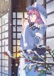 blue_dress blurry branch breath chromatic_aberration dress hands_together hat highres japanese_clothes long_sleeves looking_up mob_cap mumyuu open_mouth purple_eyes purple_hair ribbon saigyouji_yuyuko sash short_hair snow snowing solo touhou triangular_headpiece veil wide_sleeves 