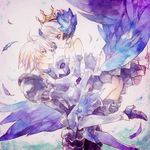  1girl armor armored_dress bare_shoulders black_armor blue_eyes couple crown dress feathers gloves gwendolyn head_wings hetero long_hair nesu_(nsm888) odin_sphere oswald_(odin_sphere) red_eyes short_hair strapless strapless_dress white_hair wings 