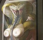  2016 anthro black_tongue breast_squish breasts duo eyes_closed fangs female hattonslayden human human_on_anthro interspecies larger_female long_tongue male male/female mammal nipples non-mammal_breasts nude on_glass open_mouth reptile scales scalie size_difference smile snake snake_hood solo_focus tongue video_games viper_(x-com) white_skin x-com yellow_scales 