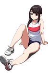  bare_shoulders blush brown_eyes brown_hair buruma eyebrows_visible_through_hair full_body highres legs long_hair matsunaga_kouyou original shoes simple_background sitting smile sneakers solo white_background 