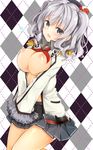  argyle argyle_background beret blue_eyes blush breasts epaulettes flying_sweatdrops frilled_sleeves frills grey_skirt hat highres jacket kantai_collection kashima_(kantai_collection) kerchief large_breasts looking_at_viewer military military_uniform minari_(minari37) nipples no_bra open_clothes open_jacket open_mouth pleated_skirt sidelocks silver_hair skirt solo twintails uniform v_arms wavy_hair 