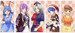  animal_ears blonde_hair blue_dress blue_eyes blue_hair book bow_(weapon) braid brown_hair bunny_ears doremy_sweet dress flat_cap floppy_ears gradient_hair green_eyes hat hijiri_byakuren kine long_hair mallet midriff mikazuki_tsukiyo multicolored_hair multiple_girls navel nightcap open_mouth orange_shirt pom_pom_(clothes) purple_hair red_eyes ringo_(touhou) scroll seiran_(touhou) shirt short_hair short_sleeves silver_hair skirt smile sorcerer's_sutra_scroll touhou weapon yagokoro_eirin yellow_eyes 