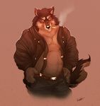  anthro belt canine chazzkit cigarette clothing jacket leather looking_at_viewer male mammal musclegut muscular smoke smoking solo standing suspenders vetrowolf wolf 