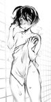  :o adjusting_hair bad_id bad_pixiv_id banned_artist blush collarbone greyscale groin highres kobayashi_yoshio looking_at_viewer male_focus monochrome ranpo_kitan sketch solo steam towel wet yuzuha 