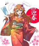  2016 :d animal_ears blue_eyes bunny_ears charlotte_e_yeager facepaint flower hagoita hair_flower hair_ornament hanetsuki japanese_clothes kimono long_hair looking_at_viewer new_year obi open_mouth orange_hair paddle sash smile solo strike_witches tokiani world_witches_series 