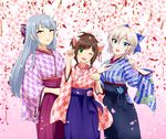  alternate_hairstyle anastasia_(idolmaster) animal_ears bangs blue_eyes blue_hakama bow cat_ears cherry_blossoms fang flower green_eyes hair_bow hakama happy idolmaster idolmaster_cinderella_girls japanese_clothes kimono long_hair maekawa_miku meiji_schoolgirl_uniform multiple_girls nyan_nyan_nyan_(idolmaster) one_eye_closed open_mouth paw_pose popon_ta purple_hakama short_hair short_ponytail silver_hair smile takamine_noa yagasuri 