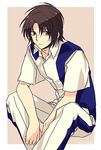  black_hair brown_background brown_eyes invisible_chair looking_to_the_side machi_fuka makabe_kazuki male_focus pants short_sleeves signature sitting solo soukyuu_no_fafner uniform 