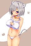  animal_ears arms_behind_back bell blue_eyes blush bra breasts cat_cutout cat_ear_panties cat_ears cat_lingerie cat_tail choker cleavage cleavage_cutout fujimiya_yahiro hair_ornament hair_over_one_eye hairclip hamakaze_(kantai_collection) jingle_bell kantai_collection large_breasts looking_at_viewer meme_attire navel panties short_hair side-tie_panties silver_hair solo tail underwear underwear_only white_bra white_panties 