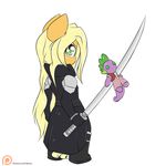  2016 alasou anthro anthrofied applejack_(mlp) blonde_hair chibi clothing cosplay earth_pony equine female final_fantasy final_fantasy_vii friendship_is_magic green_eyes hair hi_res horse long_hair mammal melee_weapon my_little_pony patreon plushie pony sephiroth simple_background solo spike_(mlp) sword video_games weapon white_background 