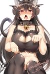  animal_ears bell bell_collar black_bra black_hair black_legwear black_panties blush bra breasts cat_cutout cat_ears cat_lingerie cat_tail cleavage_cutout collar commentary_request dated headgear highres jingle_bell kantai_collection kemonomimi_mode large_breasts long_hair looking_at_viewer meme_attire nagato_(kantai_collection) navel okitakung open_mouth panties paw_pose red_eyes side-tie_panties signature solo tail thighhighs tongue tongue_out underwear underwear_only very_long_hair 