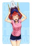  :d ^_^ blue_background blush character_name closed_eyes dated denim denim_shorts hair_ribbon happy_birthday headwear_removed helmet helmet_removed machi_fuka mikagami_mimika open_mouth red_hair ribbon shiny shiny_hair short_hair short_twintails shorts signature smile solo soukyuu_no_fafner twintails 