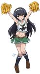  black_hair brown_eyes cheerleader girls_und_panzer highres long_hair midriff pom_poms reizei_mako shift_(waage) simple_background solo 