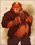  &lt;3 anthro bear beard cigar clothing ear_piercing facial_hair gloves hairy harness jacket leather looking_at_viewer male mammal nipples overweight piercing ring smoke smoking solo standing vetrowolf 