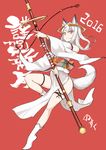  2016 animal_ears bare_legs detached_sleeves fox_ears fox_tail highres japanese_clothes long_hair looking_at_viewer no_shoes nosuku obi original red_background red_eyes sash side_cutout smile solo tail white_hair 