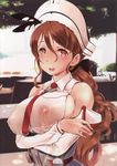  blush breasts brown_eyes brown_hair hat highres kantai_collection lactation lactation_through_clothes large_breasts lingerie littorio_(kantai_collection) long_hair looking_at_viewer necktie open_mouth ponytail see-through smile solo standing underwear wa_(genryusui) 
