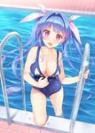  asahina_hikage blue_hair blush breasts cleavage collarbone fang hair_ribbon i-19_(kantai_collection) kantai_collection large_breasts long_hair looking_at_viewer name_tag one-piece_swimsuit open_mouth pool pool_ladder poolside red_eyes ribbon school_swimsuit smile solo star star-shaped_pupils swimsuit swimsuit_pull symbol-shaped_pupils tri_tails twintails wading water wet 