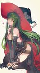  bare_shoulders c.c. cleavage_cutout code_geass cosplay creayus elbow_gloves gloves granblue_fantasy green_hair hat magisa_(granblue_fantasy) magisa_(granblue_fantasy)_(cosplay) witch_hat yellow_eyes 