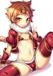  armor bikini_armor breasts brown_eyes circlet faa_(sennen_sensou_aigis) fur_trim looking_at_viewer mokyu monkey_tail navel open_clothes orange_hair panties red_legwear red_panties sennen_sensou_aigis short_hair simple_background sitting small_breasts smile solo spread_legs tail teeth underwear v white_background 