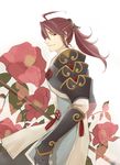  ahoge akihapit camellia fire_emblem fire_emblem_if flower gloves highres long_hair male_focus naginata polearm ponytail red_eyes red_hair solo tsubaki_(fire_emblem_if) weapon white_background 