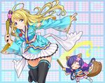 440 angelic_angel ayase_eli blonde_hair blue_eyes fan flower folding_fan japanese_clothes kimono long_hair love_live! love_live!_school_idol_project low_twintails multiple_girls open_mouth purple_hair raccoon_tail sash short_hair smile tail thighhighs toujou_nozomi twintails zettai_ryouiki 