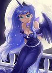  amy30535 aqua_eyes artist_name bad_id bad_pixiv_id bare_shoulders blue_hair breasts cleavage commentary_request dark_skin eyeliner horn jewelry long_hair luna_(my_little_pony) makeup medium_breasts moon my_little_pony my_little_pony_friendship_is_magic necklace railing sitting_on_railing smile solo tiara wings 