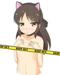  absurdres animal_ears bell black_hair blush breasts brown_eyes cat_ears censored hands_on_own_chest highres idolmaster idolmaster_cinderella_girls kochiya_hizuki long_hair looking_at_viewer small_breasts solo tachibana_arisu tape_censor topless 