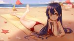  artist_name bangs barefoot beach beach_towel bikini bird blue_hair brown_eyes chin_rest day drink drinking_straw glass kyuri_tizu long_hair looking_at_viewer love_live! love_live!_school_idol_project lying ocean on_stomach red_bikini seagull seashell shade shell side-tie_bikini smile soles solo sonoda_umi starfish string_of_flags swimsuit the_pose towel tropical_drink water 