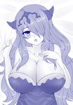  breasts camilla_(fire_emblem_if) cleavage fire_emblem fire_emblem_if hair_over_one_eye highres huge_breasts kane-neko long_hair monochrome solo 