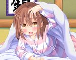  bed_invitation blush brown_eyes brown_hair commentary_request fang futon hair_between_eyes hair_ornament hairclip hand_on_own_head ikazuchi_(kantai_collection) jewelry jpeg_artifacts kantai_collection lifting_covers looking_at_viewer lying open_mouth pajamas ring short_hair solo tatami tsunsuki_(naobe009) 