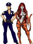  big_breasts breasts cleavage clothed clothing duo feline female green_eyes hair human humanoid johnnyharadrim lips mammal marvel policewoman red_hair tiger tigra wide_hips 