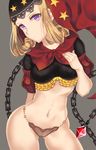  ass_visible_through_thighs blonde_hair breasts chain covered_nipples grey_background hand_on_own_chest highres hood lavender_eyes long_hair looking_at_viewer medium_breasts navel odin_sphere panties saitou_(lynx-shrike) see-through simple_background skin_tight solo underwear velvet_(odin_sphere) 