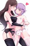  asymmetrical_docking bra breast_press breasts brown_eyes brown_hair garter_straps idolmaster idolmaster_cinderella_girls koshimizu_sachiko large_breasts lingerie long_hair multiple_girls nitta_minami open_mouth panties purple_hair short_hair south_(monookibako) thighhighs underwear yuri 