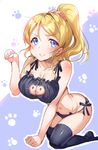  ajishio ayase_eli black_bra black_legwear black_panties blonde_hair blue_eyes blush bra breasts cat_cutout cat_ear_panties cat_lingerie cleavage_cutout collarbone drawing hair_ornament hair_scrunchie highres kneeling large_breasts love_live! love_live!_school_idol_project meme_attire navel no_shoes panties paw_pose paw_print ponytail scrunchie side-tie_panties smile solo thighhighs underwear 