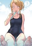  barefoot blonde_hair blush brown_eyes dagashi_kashi earrings eating endou_saya fang feet hair_ornament hairclip jewelry long_hair looking_at_viewer new_school_swimsuit one-piece_swimsuit open_mouth pochi_(pochi-goya) sanpaku school_swimsuit sitting solo swimsuit toes water wet 