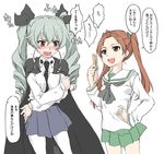  anchovy anzio_school_uniform blush brown_eyes brown_hair cape drill_hair elf_(stroll_in_the_woods) girls_und_panzer green_hair hair_ribbon kadotani_anzu long_hair multiple_girls necktie ooarai_school_uniform open_mouth pantyhose red_eyes ribbon school_uniform serafuku simple_background skirt smile translated twin_drills twintails white_background 