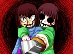  bangs black_blood black_sclera blood blood_from_mouth bloody_tears blunt_bangs brown_hair chara_(undertale) dagger dark_persona dreamy-94 evil_smile eyebrows eyebrows_visible_through_hair frisk_(undertale) glint hug hug_from_behind knife long_sleeves looking_at_viewer no_pupils open_mouth outstretched_arms red_eyes signature slit_pupils smile spoilers striped striped_sweater sweater undertale upper_body weapon 