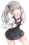  blush comah commentary_request dress grabbing grabbing_from_behind grey_hair groping hair_ornament hair_ribbon kantai_collection kasumi_(kantai_collection) long_hair open_mouth pinafore_dress pleated_dress remodel_(kantai_collection) ribbon school_uniform side_ponytail solo_focus tears yellow_eyes 