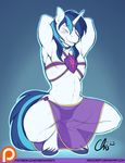 2016 anthro anthrofied belly_dancer blue_hair blush clothing collar crouching equine eyes_closed friendship_is_magic gold_(metal) hair hooves horn horn_ring male mammal my_little_pony nekocrispy patreon pose ring shining_armor_(mlp) solo translucent transparent_clothing underwear unicorn 