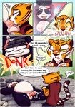  anthro balls bear blood blush clothing comic cum cum_on_face dreamworks duo erection feline female fur kung_fu_panda lysergide male male/female mammal master_tigress open_mouth oral orgasm panda passed_out penis po simple_background smile stripes teasing text tiger unconscious 