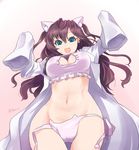  :d ajino_(sakanahen) alternate_costume animal_ears bangs blue_eyes breasts brown_hair cat_cutout cat_ear_panties cat_ears cat_lingerie cleavage_cutout earrings eyebrows eyebrows_visible_through_hair frills gradient gradient_background hair_between_eyes ichinose_shiki idolmaster idolmaster_cinderella_girls jewelry labcoat large_breasts long_hair looking_at_viewer meme_attire navel open_mouth outstretched_arms panties paw_print pink_panties side-tie_panties sleeves_past_wrists smile solo stomach thigh_gap two_side_up underwear underwear_only untied untied_panties wardrobe_malfunction 