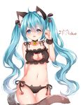  animal_ears aqua_hair bad_id bad_pixiv_id bell bell_collar blue_eyes blush cat_cutout cat_ears cat_lingerie cat_tail chuor_(chuochuoi) cleavage_cutout collar cowboy_shot hatsune_miku highres jingle_bell long_hair meme_attire navel open_mouth panties paw_pose side-tie_panties simple_background solo tail twintails underwear very_long_hair vocaloid white_background 