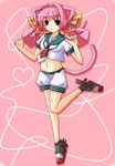  :&gt; :&lt; absurdres animal_ears blush cat_ears cat_tail cosplay full_body green_eyes groin hair_intakes highres kantai_collection looking_at_viewer looking_back muvluv navel neckerchief pink_background pink_hair puffy_pants puffy_short_sleeves puffy_sleeves sailor_collar school_uniform serafuku shirt short_sleeves shorts simple_background solo standing standing_on_one_leg tail tama_(kantai_collection) tamase_miki tomonekomata white_shirt 