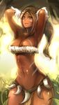  abs absurdres armpits arms_up bangs breasts cleavage cowboy_shot dark_skin facial_mark forehead_jewel green_eyes hands_in_hair highres large_breasts league_of_legends loincloth long_hair navel nidalee parted_bangs seuyan smile solo strapless sweat thighs tribal tubetop 