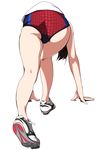  arm_support ass bent_over black_hair from_behind full_body gym_shorts gym_uniform highres long_hair matsunaga_kouyou original polka_dot polka_dot_shorts shoes shorts simple_background sneakers solo track_and_field white_background 