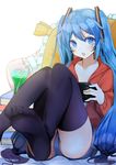  absurdres black_legwear blue_eyes blue_hair book cushion drink drinking_straw feet hair_ornament hairclip handheld_game_console hatsune_miku highres kazenoko long_hair looking_at_viewer no_shoes open_mouth playstation_portable pov_feet shorts sitting soles solo thighhighs twintails very_long_hair vocaloid 