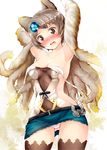  animal_ears areola_slip areolae armpits arms_up blush breasts brown_legwear erune granblue_fantasy grey_eyes grey_hair hair_ornament halter_top halterneck looking_at_viewer medium_breasts miniskirt open_mouth panties skirt solo strap_slip striped striped_panties sutera_(granblue_fantasy) tekehiro thighhighs underwear wardrobe_malfunction wavy_mouth 