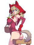  ahoge ass basket blonde_hair blue_eyes blush breasts cowboy_shot dagger elbow_gloves glasses gloves hood large_breasts little_red_riding_hood little_red_riding_hood_(grimm) looking_at_viewer masao original red_gloves rimless_eyewear simple_background solo tail weapon white_background wolf_tail 