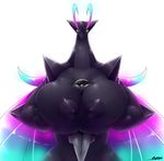  anon averyshadydolphin big_body big_breasts black_nipples black_skin breast_squish breasts claws dragon erect_nipples eyewear female hi_res holding_breast horn humanoid invalid_tag looking_down magical_wings male nipples nude purple_wings regalia size_difference smile sunglasses thick_thighs tiny_head wings 