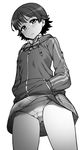  blush cameltoe from_below greyscale hands_in_pockets honda_mio hood hooded_track_jacket idolmaster idolmaster_cinderella_girls jacket jp06 looking_at_viewer looking_down monochrome panties pantyshot pantyshot_(standing) school_uniform short_hair skirt solo standing track_jacket underwear upskirt 