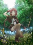  arm_guards arrow asakurashinji bangs belt_pouch boots bow_(weapon) braid breasts brown_eyes brown_footwear brown_legwear bug butterfly capelet dappled_sunlight day fingerless_gloves fisheye flower forest from_below full_body gloves grass hai_to_gensou_no_grimgar highres holding holding_weapon insect long_hair looking_away looking_to_the_side nature outdoors parted_bangs parted_lips pouch purple_eyes quiver red_gloves red_hair shirt shorts single_braid small_breasts solo sunlight thighhighs weapon white_shirt yume_(grimgar) 